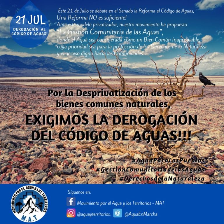 Ante proyecto reformista en el Senado: MAT ZC llama a derogar Código de Aguas